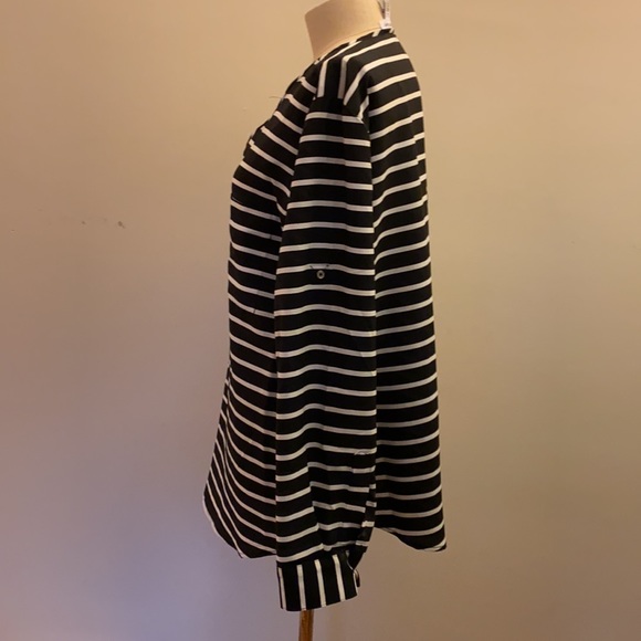 Calvin Klein Black and White Stripe Blouse Size L Pockets Zip Front Roll Sleeves - Picture 6 of 11